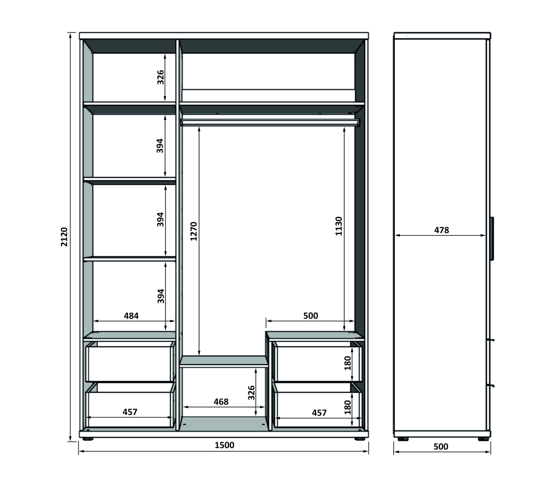 Толщина стенок шкафа. Комод с полками и штангой. Стеллаж с ящ. Сура 600х2100х300, белый, шт. Шкаф №1/3 (2 ящика полки штанга) - венге/дуб молочный.